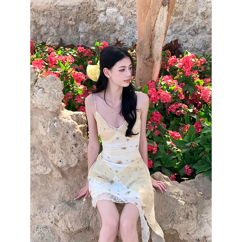 Floral Lace Patchwork Tie Strap Dress for Vacation - Dreamy 90s Inspired Skirt with Path Picking Design
