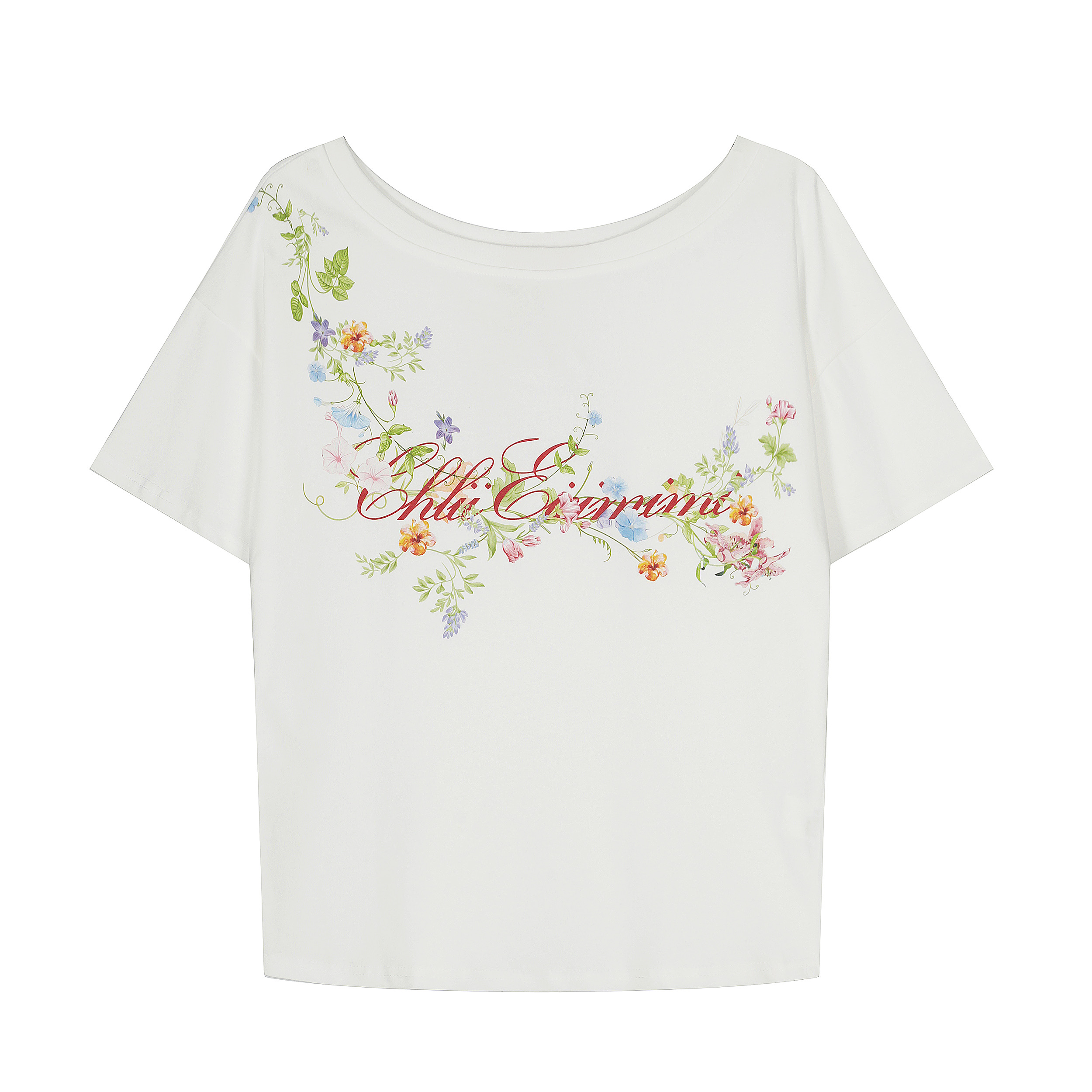 Floral Off-Shoulder Short Sleeve T-Shirt - Women's Casual Summer Top with Vine Design - Vintage Inspired 90s Style