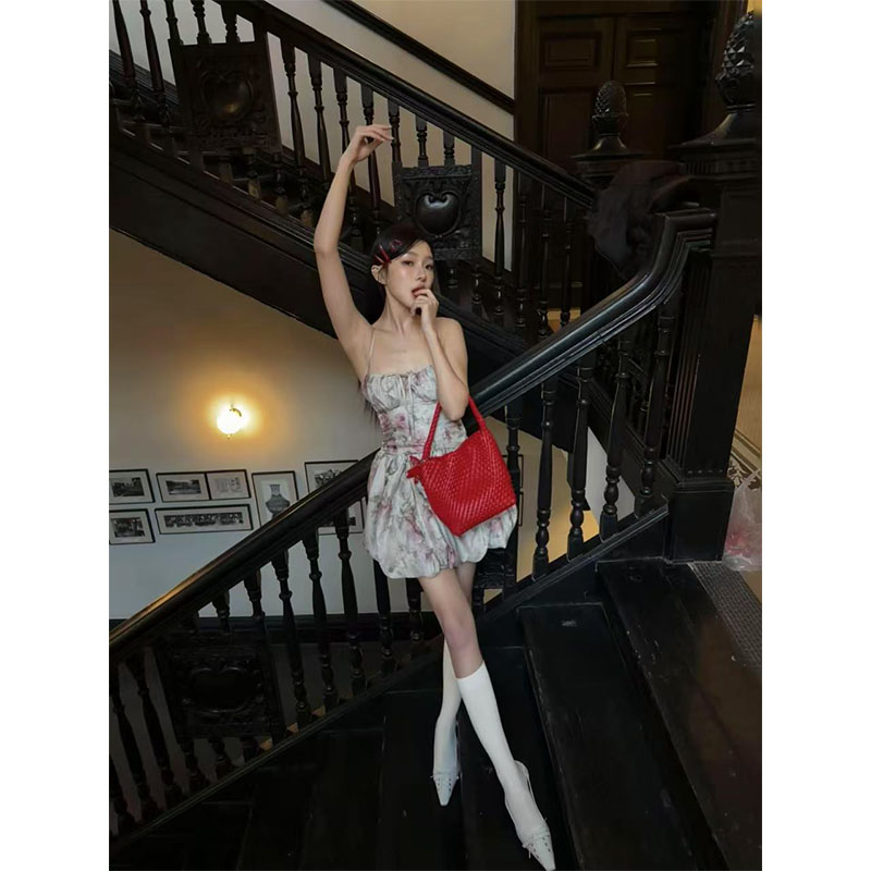 Floral Spaghetti Strap Dress - Women's Spring Summer Bubble Skirt, Sexy Thigh-Length Design, Elegant Temperament, Perfect for 90s Y2K Style