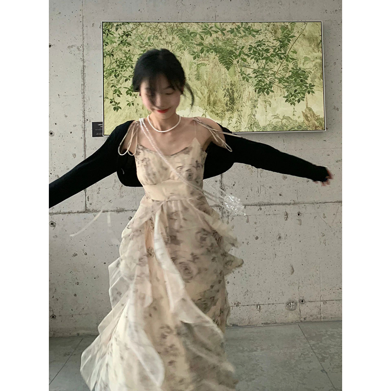Floral Spaghetti Strap Dress for Women, Irregular Design, Waist-Cinching, French Style, Long Summer Dress, Elegant and Chic