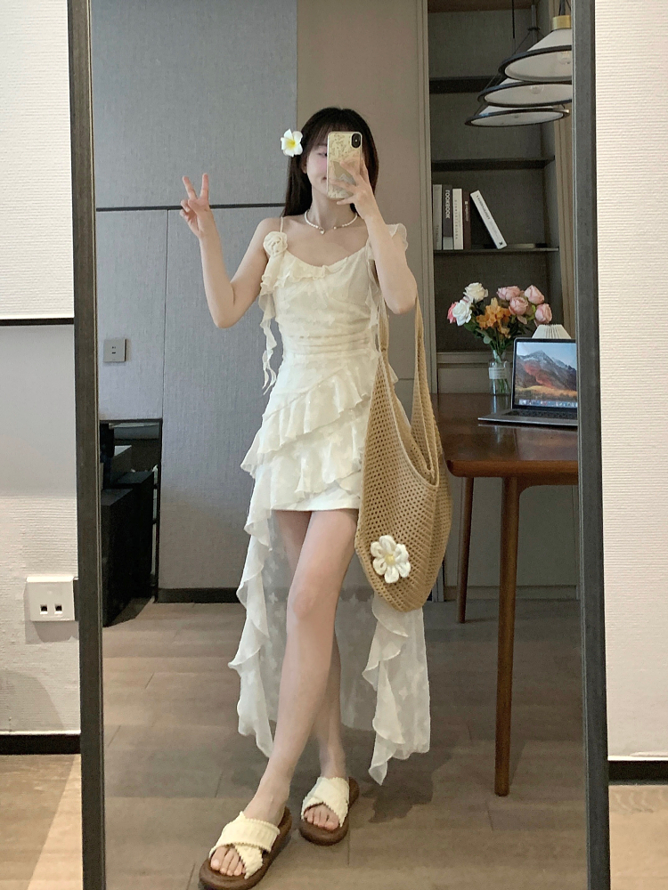 Floral Spaghetti Strap Vacation Dress with Irregular Design - Elegant Summer Princess Style