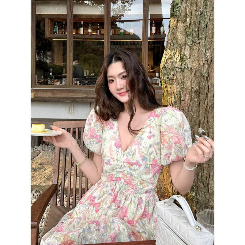 Floral V-Neck Bubble Sleeve Dress for Women - Summer Pleated Long Skirt with Temperament Style, Perfect for Y2K and Korean Fashion Trends