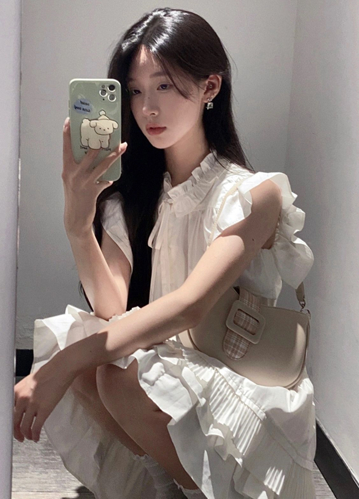 Flutter Sleeve Dress for Women - Summer Ruffled Hem, Pleated Split, Tie Waist, Fitted Shirt Style, Trendy and Elegant Design
