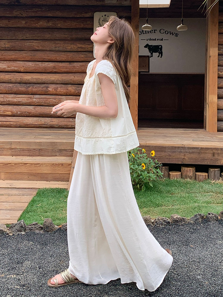 Forest-Themed Relaxed Leisure Set for Women - Summer 2025 Loose Doll Shirt & Wide-Leg Pants - Petite Two-Piece Outfit