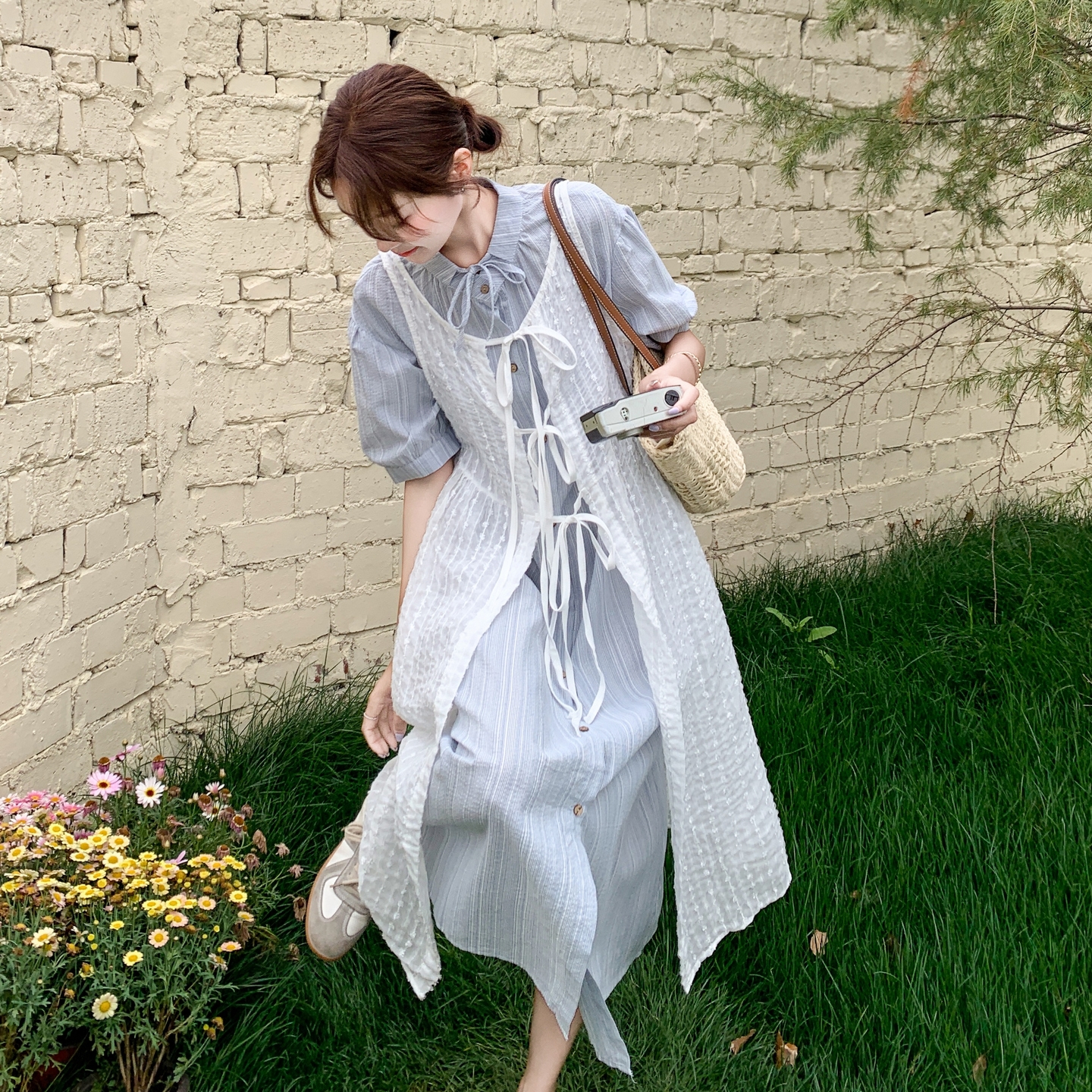 French Blue Lace Shirt Dress Two-Piece Set for Women, Elegant Slimming Design, 2025 Summer Style, Trendy Fashion