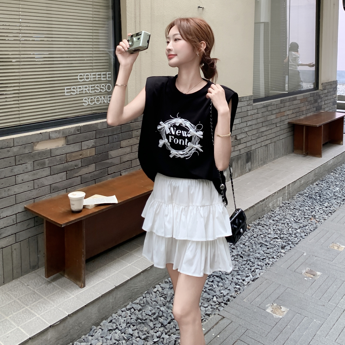 French Bow Print T-Shirt and Skirt Set for Women - 2025 Summer Casual Petite Two-Piece Outfit