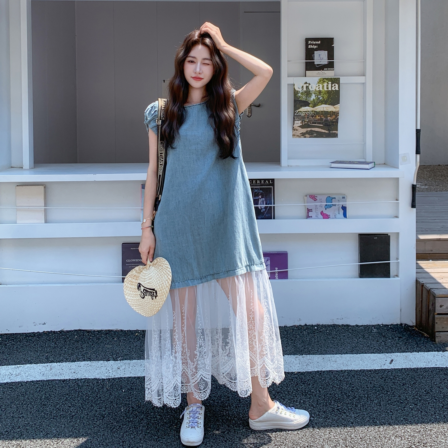French Lace Patchwork Denim Dress for Women - Summer 2025 High-End Style, Unique Design, Popular Trend, Vintage-Inspired Fashion