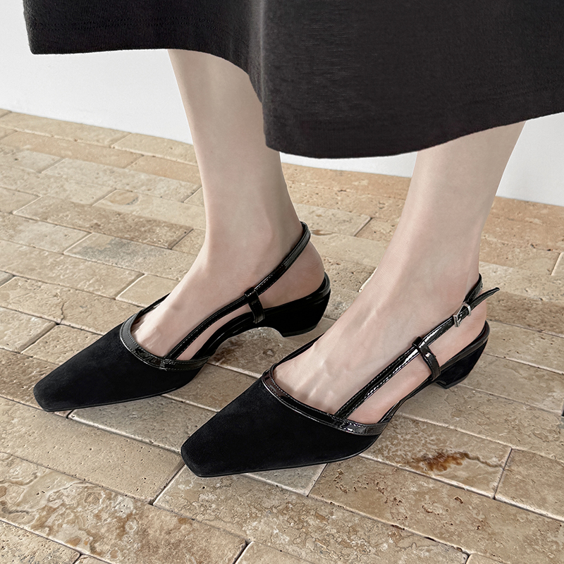 French Minimalist Sheepskin Square-Toe Sandals for Women - 2025 Summer Chunky Heel Commuting Flats