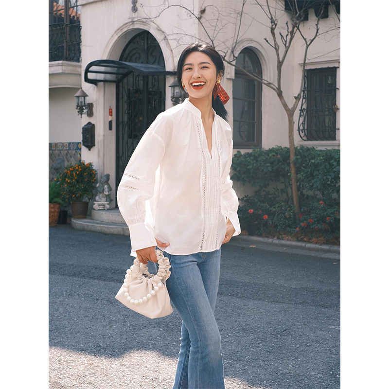 French Spliced Lace Small Stand Collar Long Sleeve Shirt for Women - Spring 2023 Fashion, Elegant Layering Piece