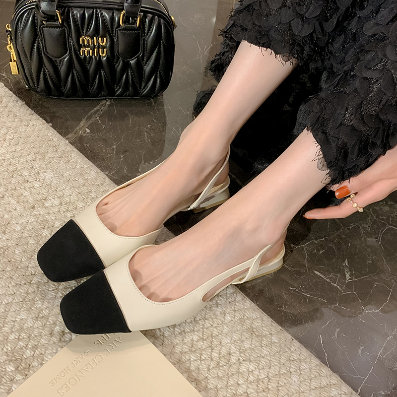 French-Style Backless Color-Block Chunky Heel Sandals for Women – Comfortable Genuine Leather Spring/Summer 2025 Square-Toe Design