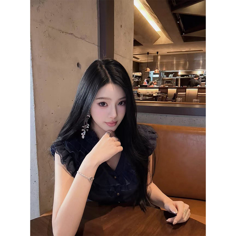 French-Style Black Ruffled Multi-Layered Shirt for Women - Sexy 90s Inspired Fashion Top