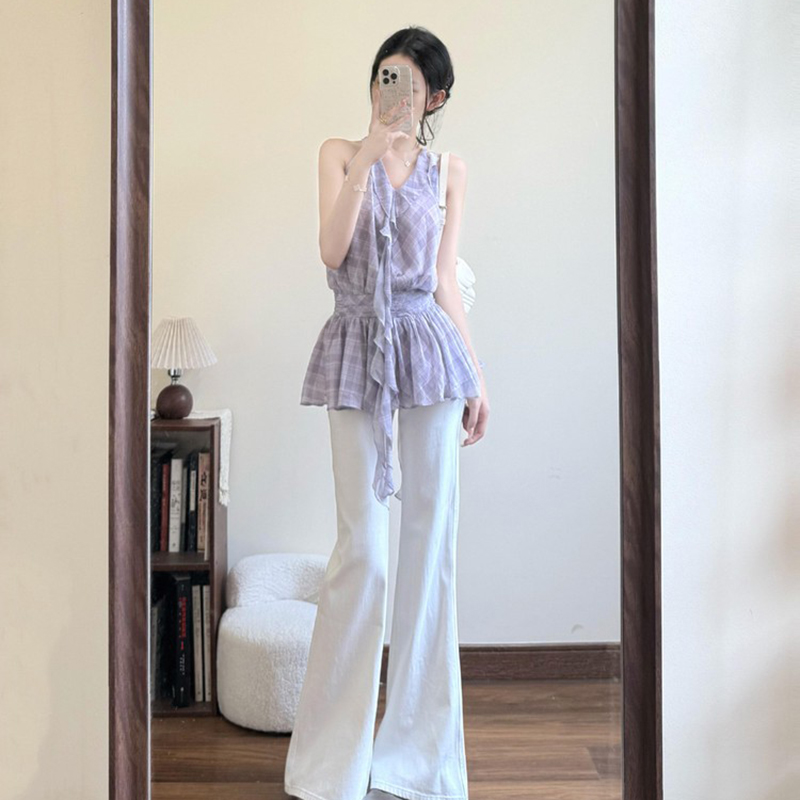 French-Style Checkered Sleeveless Dress with Floating Ribbon Lace Edge - Women's Loose Chiffon Summer Fashion