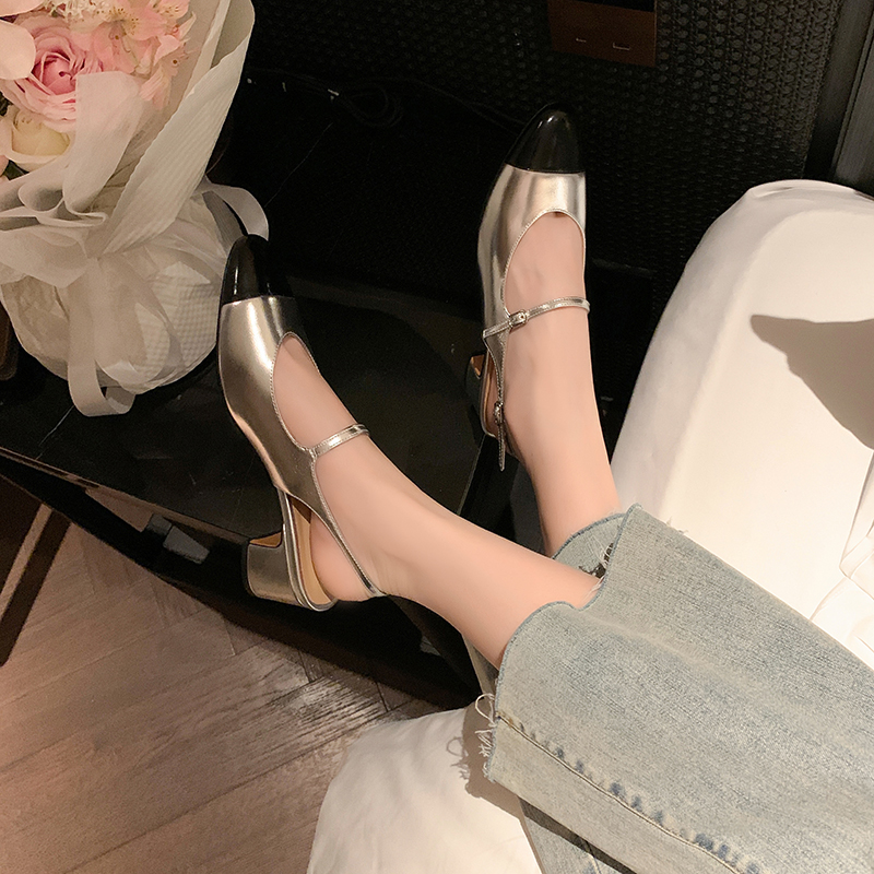 French-Style Color-Blocking Open-Toe Chunky Heel Mary Jane Sandals for Women - Backless Silver Summer Heels