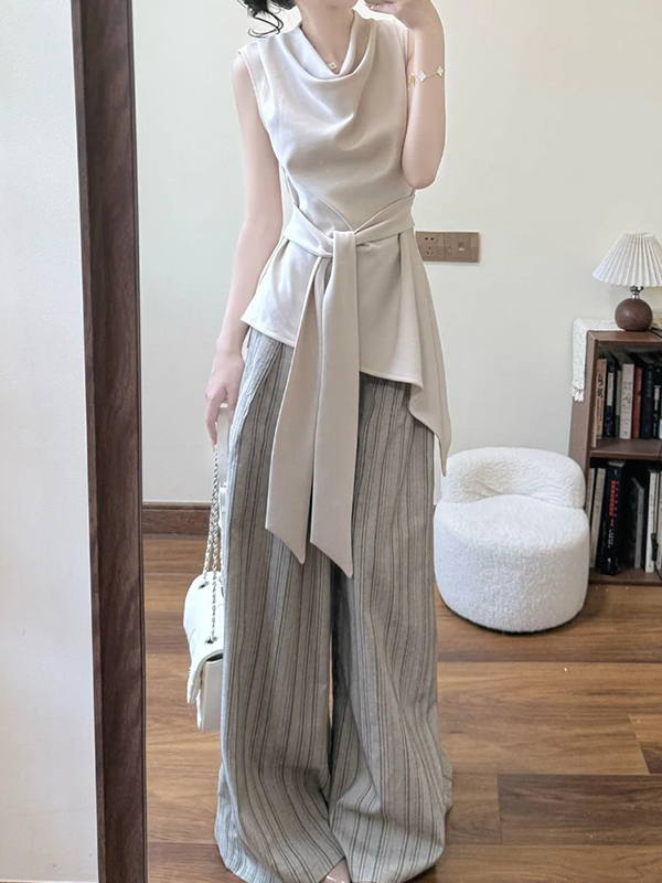 French-Style High-End Sleeveless Top with Irregular Waist and Wide-Leg Pants Two-Piece Set for Women's Summer Casual Wear