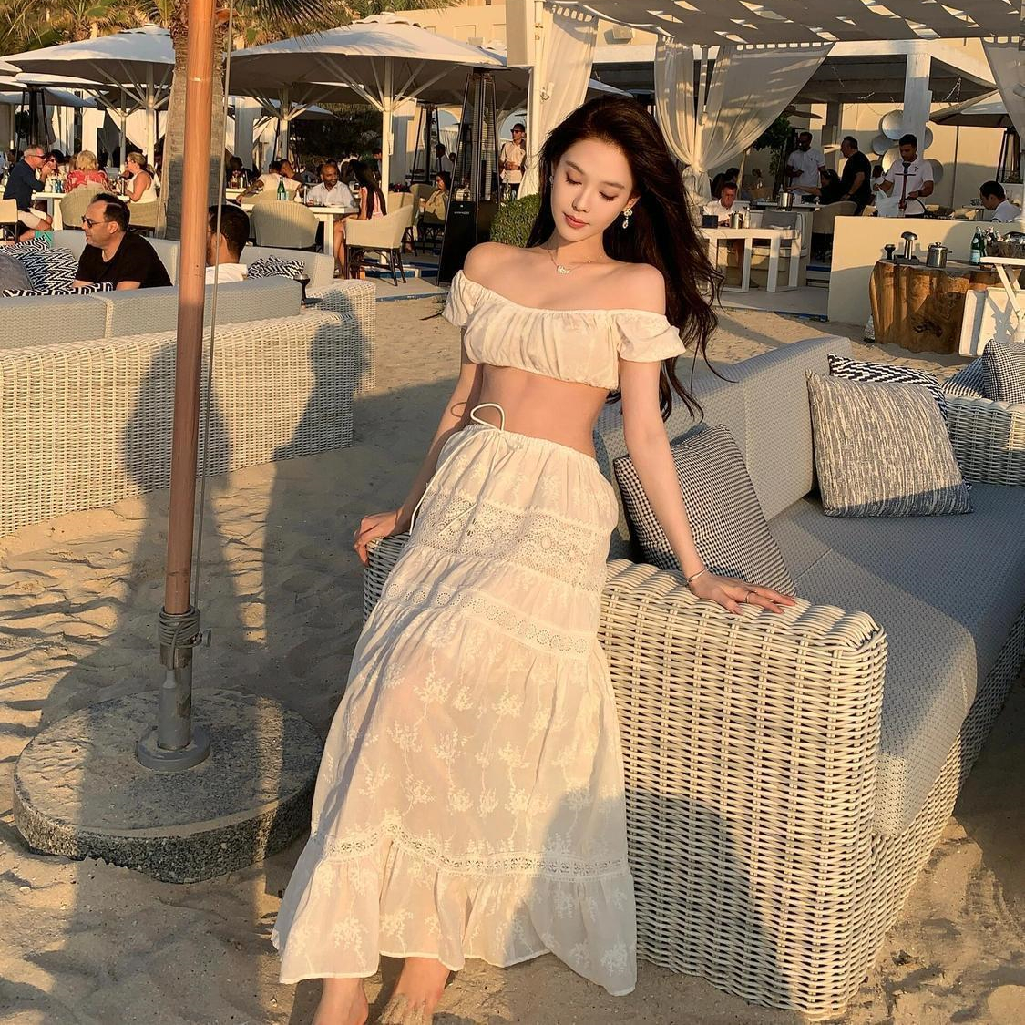 French-Style Vacation White Embroidered One-Shoulder Bikini with Split Long Skirt - Sexy Slim Three-Piece Beach Swimsuit Set