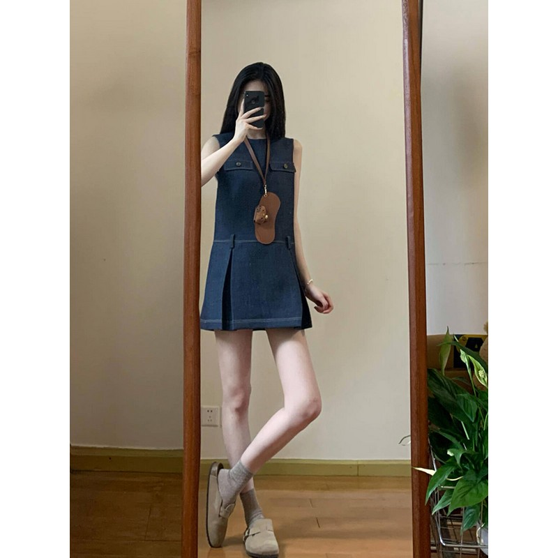 French Vintage Blue Sleeveless Denim Dress for Women, Waist-Cinching Elegant Summer Mini Dress, High-End Niche Style