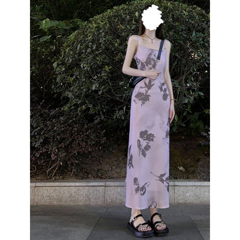 French Vintage Bow Tie Ink Print Spaghetti Strap Dress for Women - Waist-Cinching Slim Fit Elegant Summer Vacation Dress