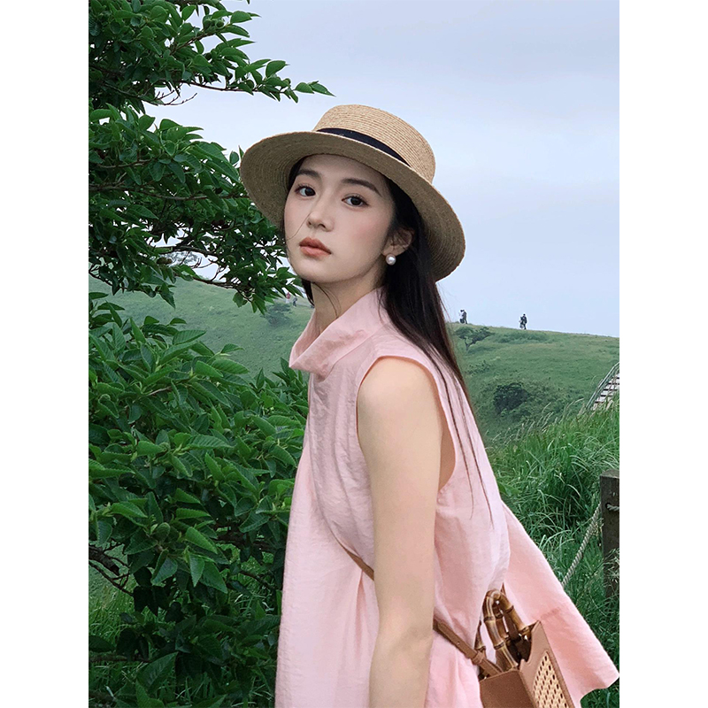 French Vintage Half-High Neck Sleeveless Dress for Women - Summer Chic Long Skirt with Elegant Design, Perfect for 90s & Y2K Styles