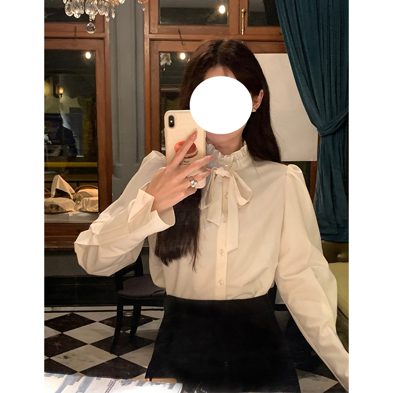 French Vintage Long Sleeve Bow Tie Shirt for Women - Stylish Unique Top for Early Spring Fashion