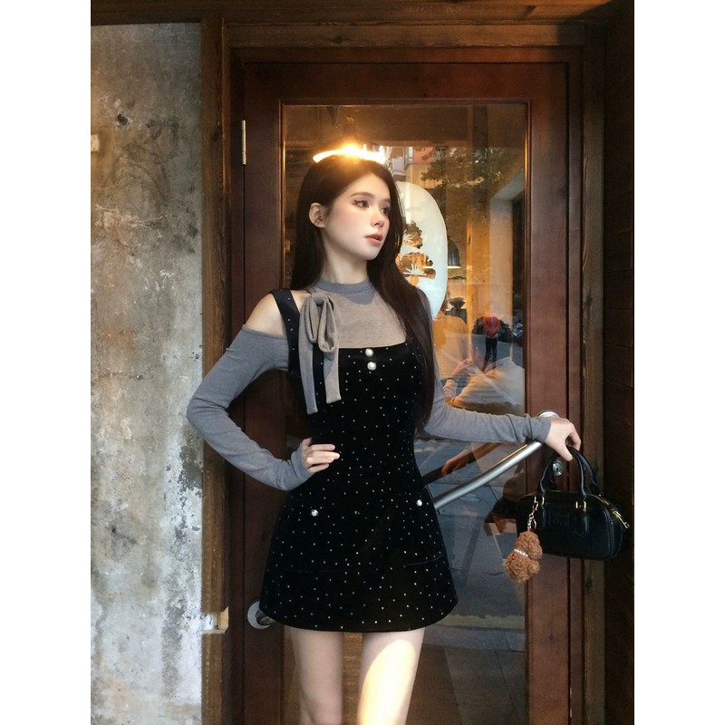 French Vintage Off-Shoulder Velvet Polka Dot Camisole Dress - Women's High-End Spring Short Skirt Set