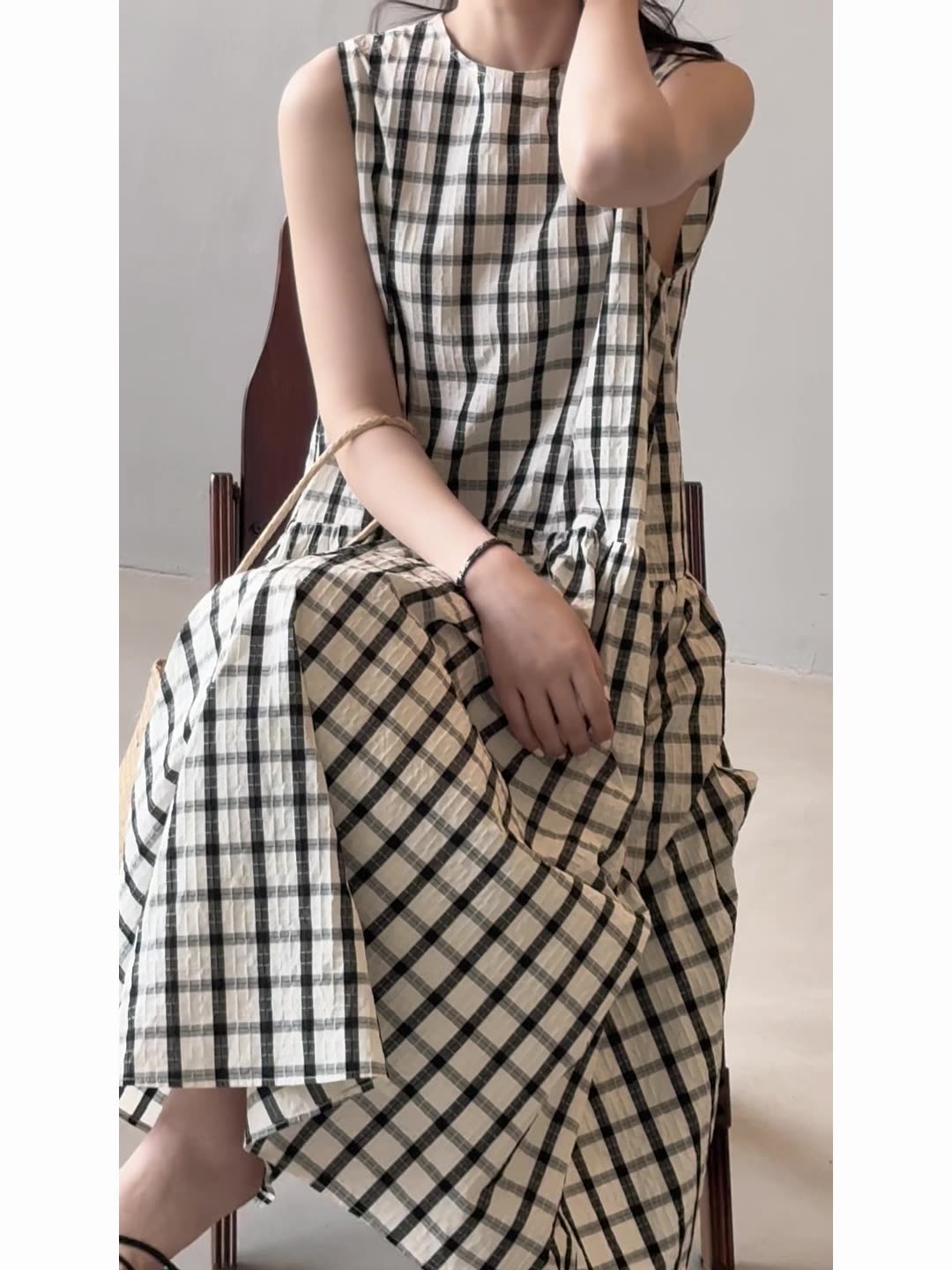 French Vintage Plaid Loose Big Swing Dress for Women, Elegant Long Tank Dress, 2025 Summer Fashion