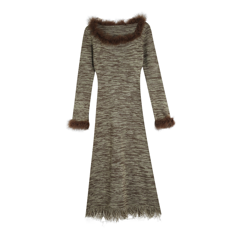 French Vintage Striped Long Sleeve Dress with Tassels, Waist-Cinching, Elegant Autumn/Winter Design, Fluffy Inner Layer
