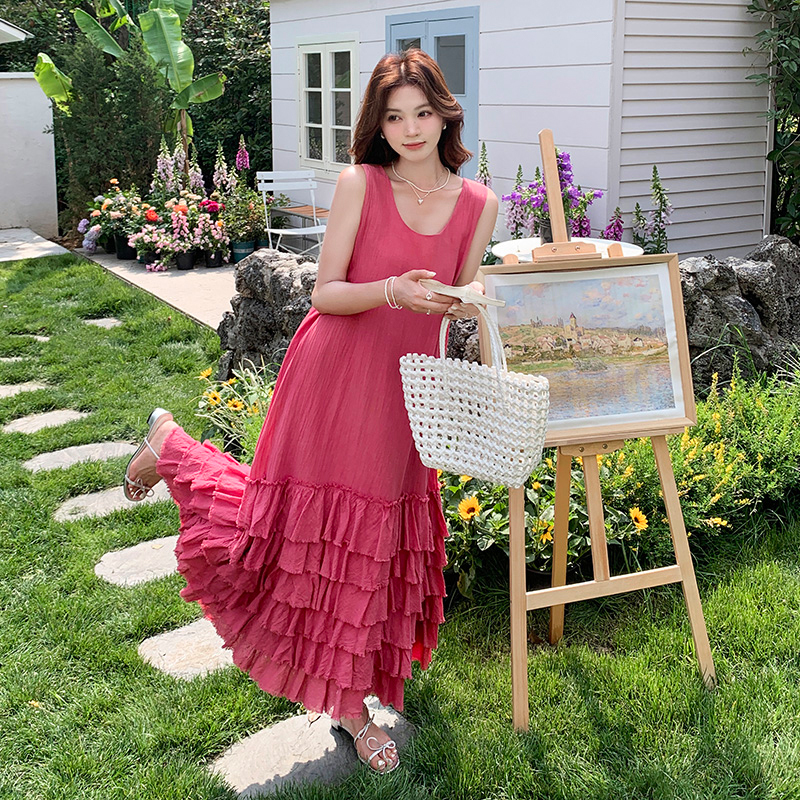 Fuchsia Spaghetti Strap Dress for Women - French Style, Summer Vibes, High-End Feel, Long Beach Vacation Skirt