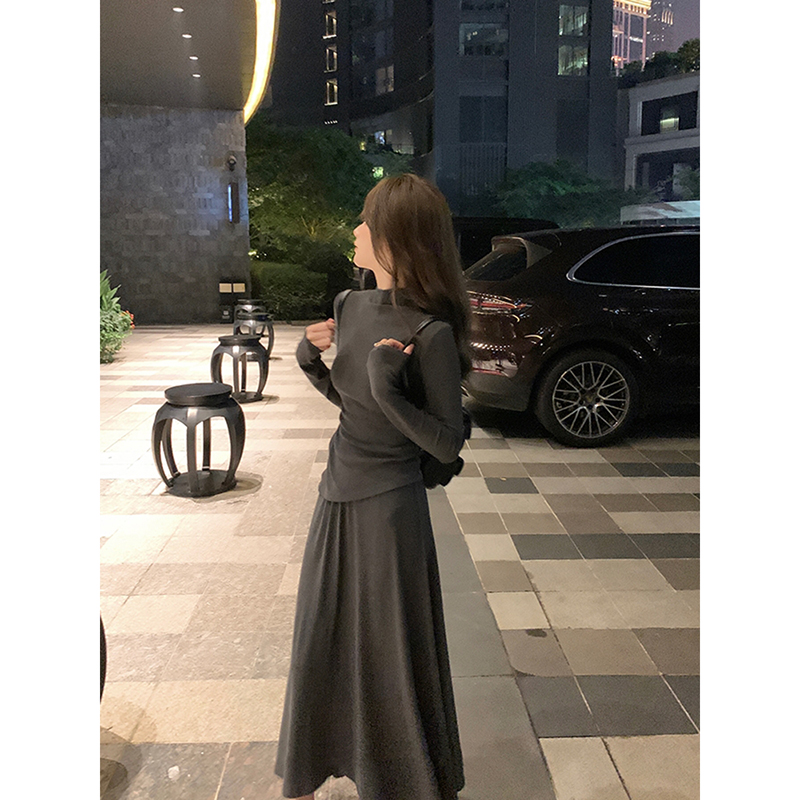 Gray Casual Knitted Two-Piece Set for Women - Slim Fit T-Shirt and Skirt, Spring Fashion, Comfortable Everyday Wear