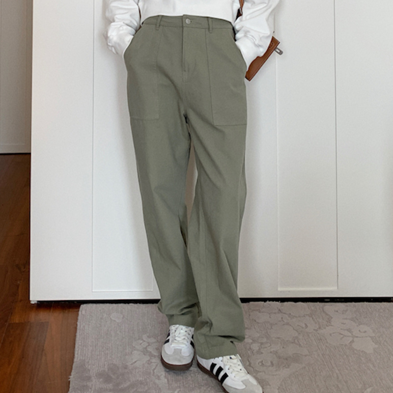 Gray-Green 100% Cotton Wide-Leg Work Pants for Women - High-Waisted Straight Leg Casual Trousers - 2023 Versatile Fashion