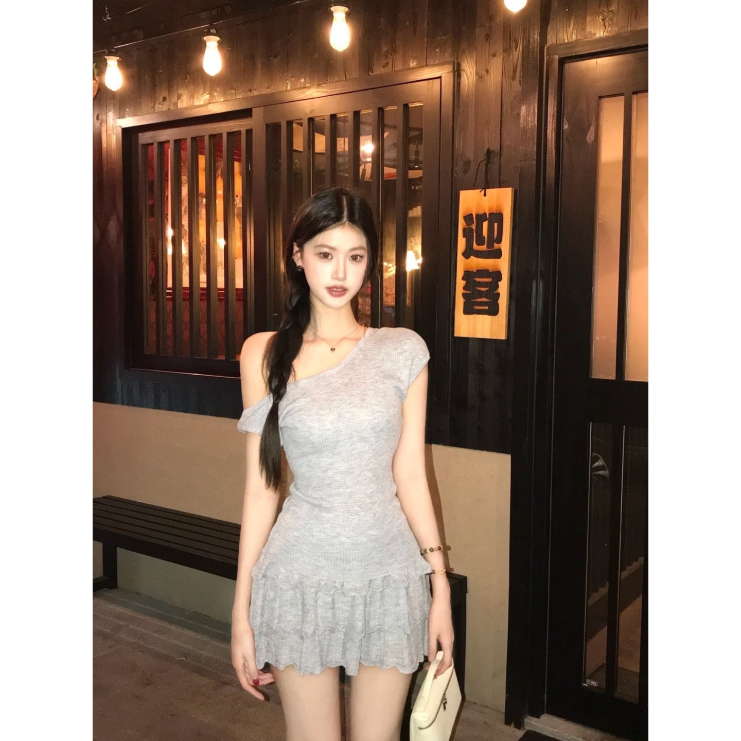 Gray Knitted Off-Shoulder Short Sleeve Top & Cake Skirt Two-Piece Outfit - Summer Fashion, Cute & Chic Style