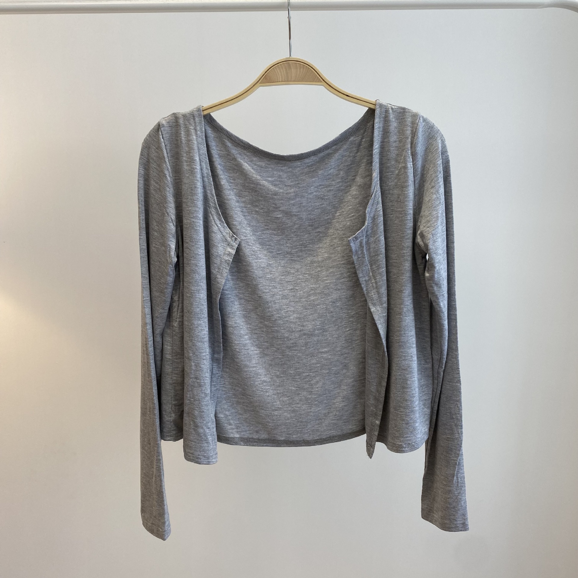 Gray Modal Short Cardigan for Women - Solid Color, Round Neck, Waist Tie, Casual Layering Top, Perfect for Y2K and Korean Style Outfits