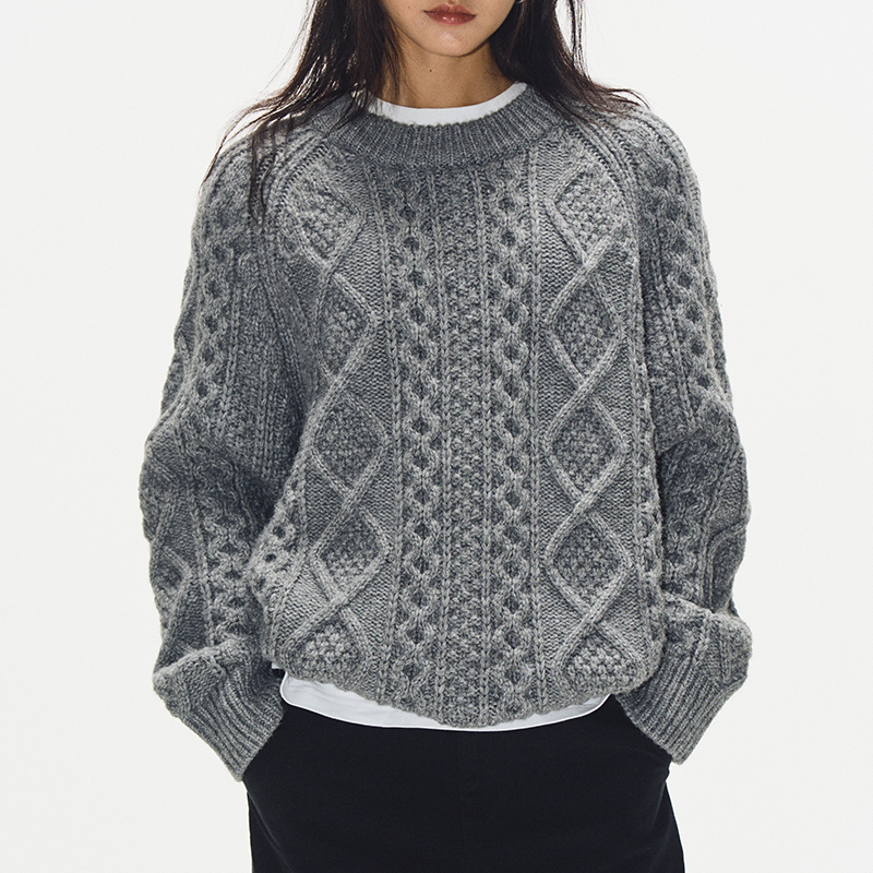 Gray Round Neck Cable Knit Sweater for Women - Loose Thick Knit Top in 2024 Autumn Winter Korean Style Fashion