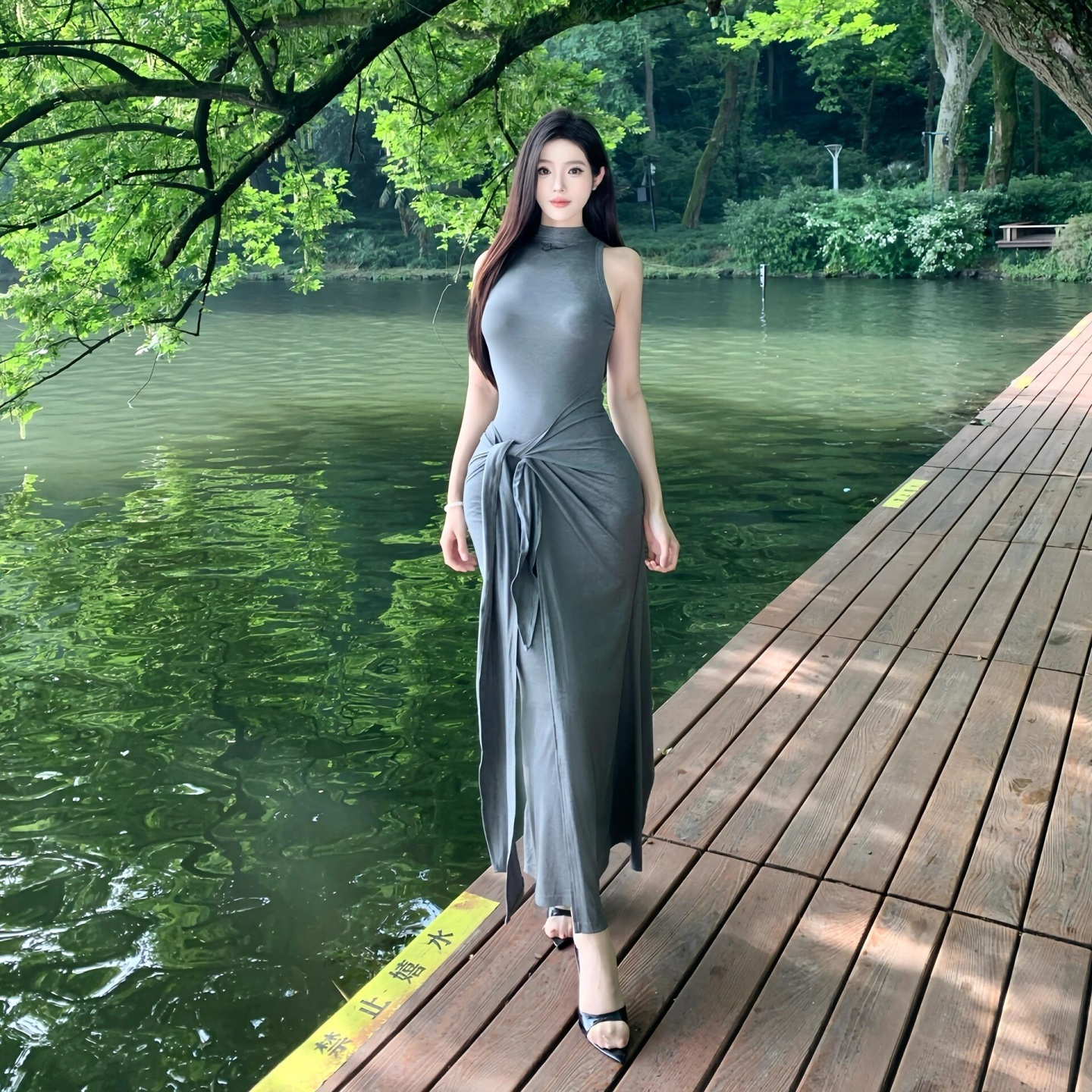 Gray Sleeveless Two-Piece Bodycon Dress for Women - High-End Summer Slim Fit Long Skirt