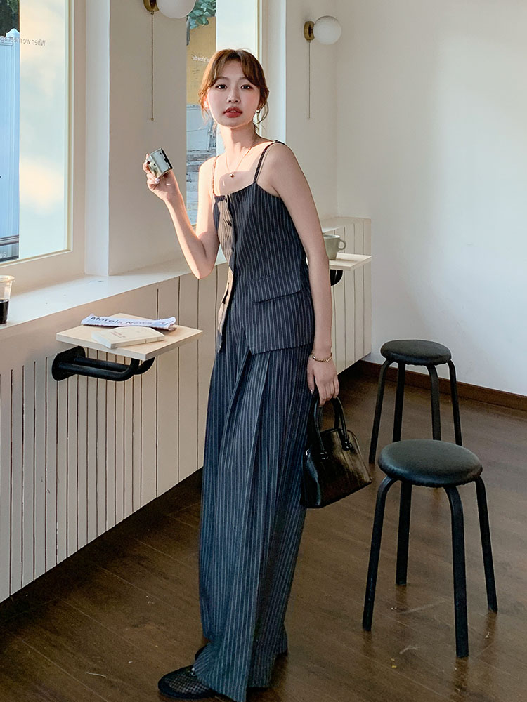 Gray Striped Camisole and Wide-Leg Pants Set for Women - 2025 Summer High-End Mature Two-Piece Outfit