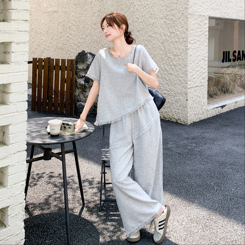 Gray Tassel T-Shirt and Wide-Leg Pants Set - 2025 Women's Summer Korean Chic High-End Two-Piece Outfit