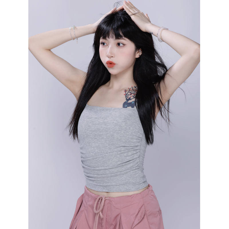 Gray Thin Strap Padded Camisole for Women - Versatile Layering Top for Jazz Dancing & Everyday Style
