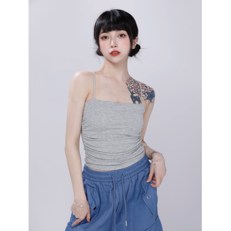 Gray Thin Strap Padded Camisole Tank Top for Women - Versatile Jazz Dance Inner and Outer Wear, Y2K Style Fashion Essential