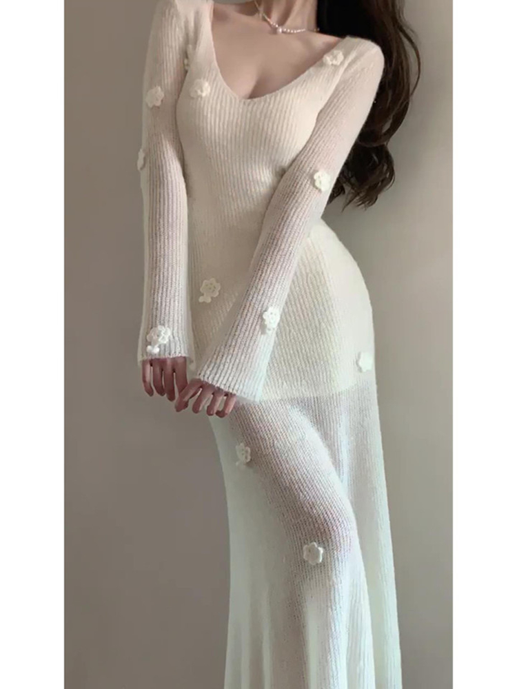 Handmade Crochet Romantic Mohair Dress for Women - Slimming Soft Sweater Dress for Autumn Winter, Cozy Y2K Style