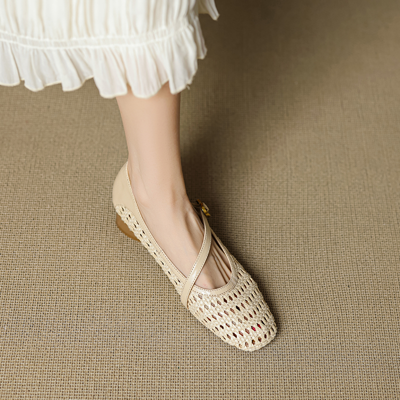 Handmade Lambskin Woven Apricot Square-Toe Mary Jane Shoes with Flat Hollow One-Strap Design - Comfortable Y2K Style Footwear