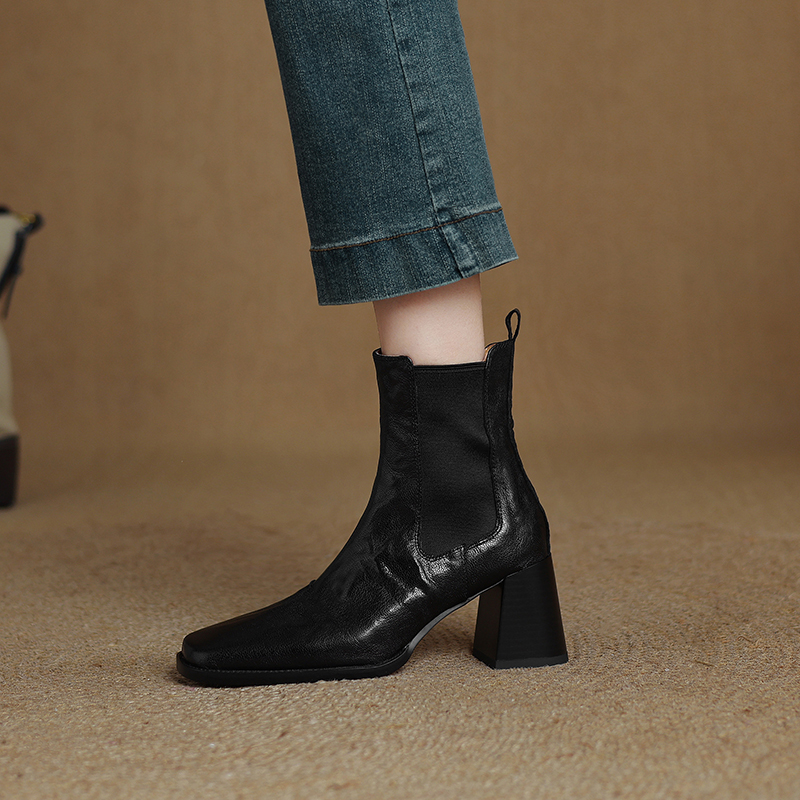 Handmade Sheepskin Chunky-Heeled Square-Toe Chelsea Boots for Women - Autumn Winter High-Heeled Martin Boots