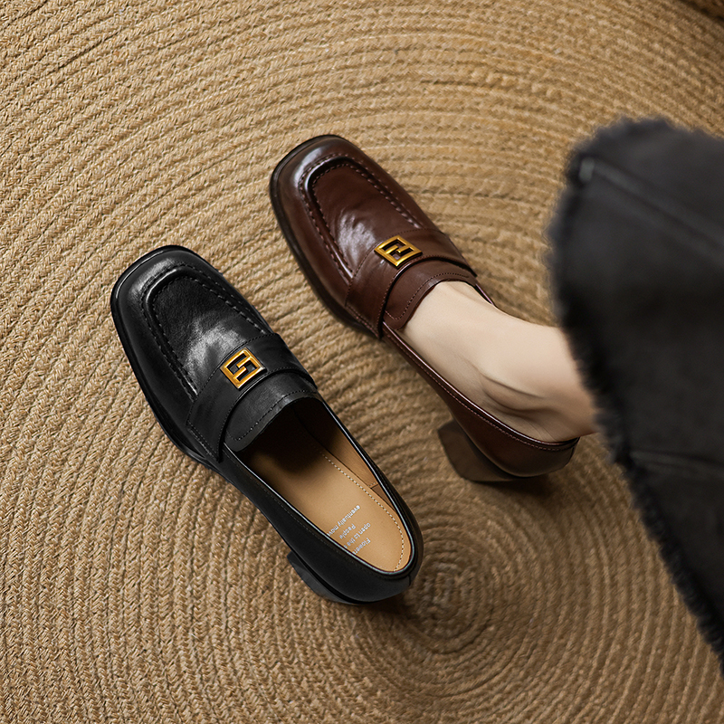 Handmade Washed Cowhide High Heel Loafers for Women with Chunky Heels and Gold Buckle - Elegant Square Toe Design