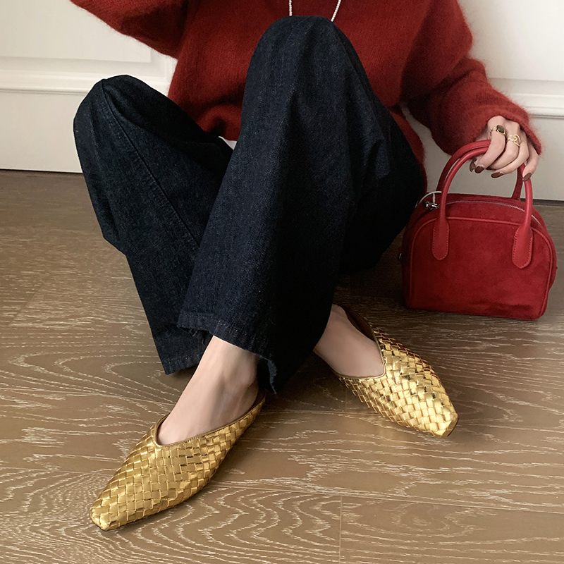 Handmade Woven Golden Genuine Leather Square-Toe Mules with Height Increase for Women - Stylish Outdoor Footwear