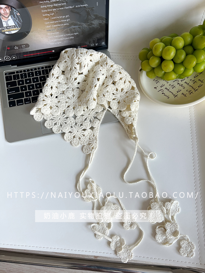 Handmade Woven Hollow Flower Cap for Women – Knitted Beanie with Ear Protection & Tie Straps, Perfect for 90s & Y2K Styles