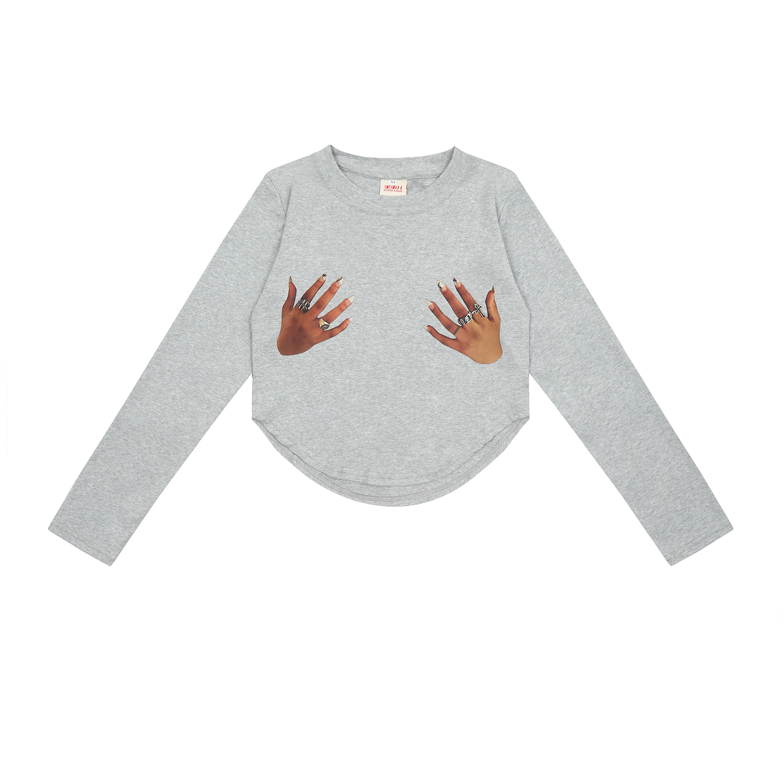 Heatstroke American-Style Slim Fit Crop Long Sleeve T-Shirt with Fun Finger Print - Trendy Y2K Fashion Top
