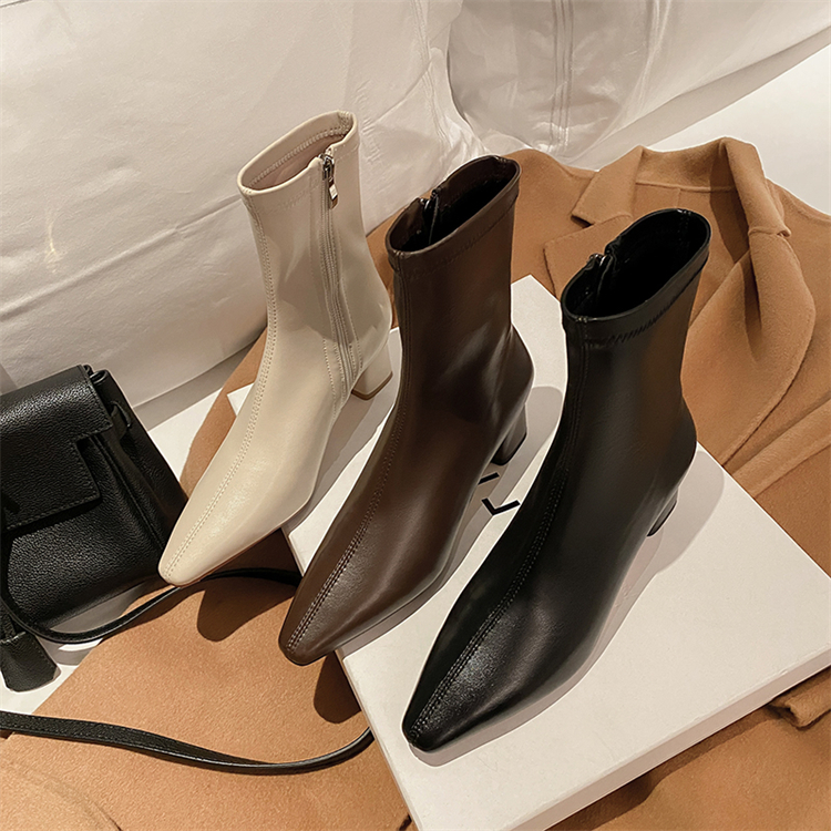 Heavyweight French Style Pointed Mid-Heel Short Boots for Women - Versatile Autumn & Winter Fashion with Slim Elastic Design