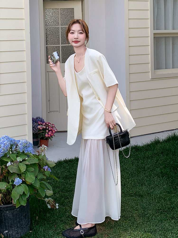 High-End Mesh Splicing Camisole Dress Set for Women - 2025 Summer Short-Sleeve Two-Piece Suit in Chic Style
