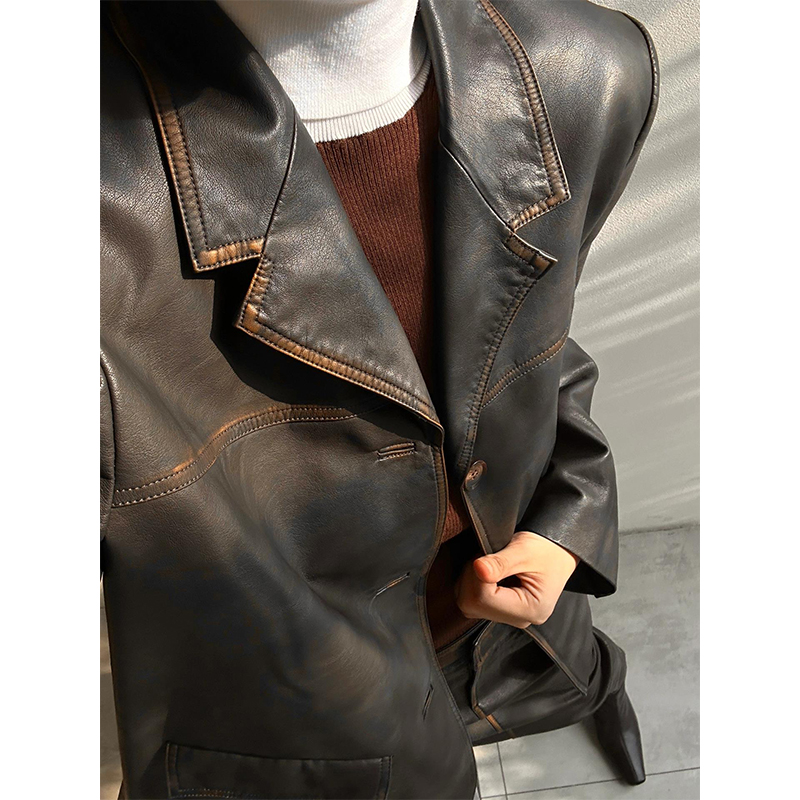 High-End Vintage PU Leather Suit Jacket for Women - Spring Autumn Niche Design, Trendy Layering Piece, Elegant Fashion Statement