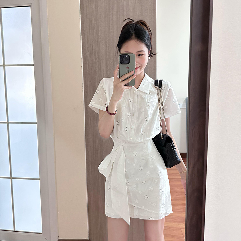 High-End White Polo Collar Dress for Women | French Style with Fitted Waist & Hollow Short Skirt | Summer Fashion Essential