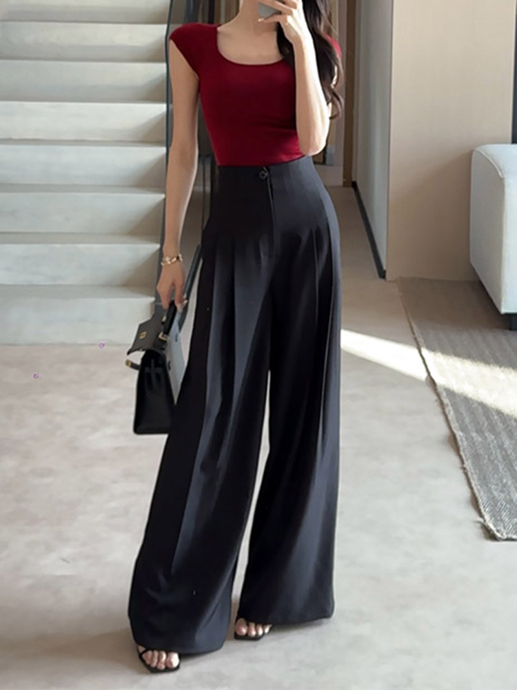 High-End Women's Black Wide-Leg Suit Pants - Breathable Pleated Design for Summer 2025, Personalized Fashion Style