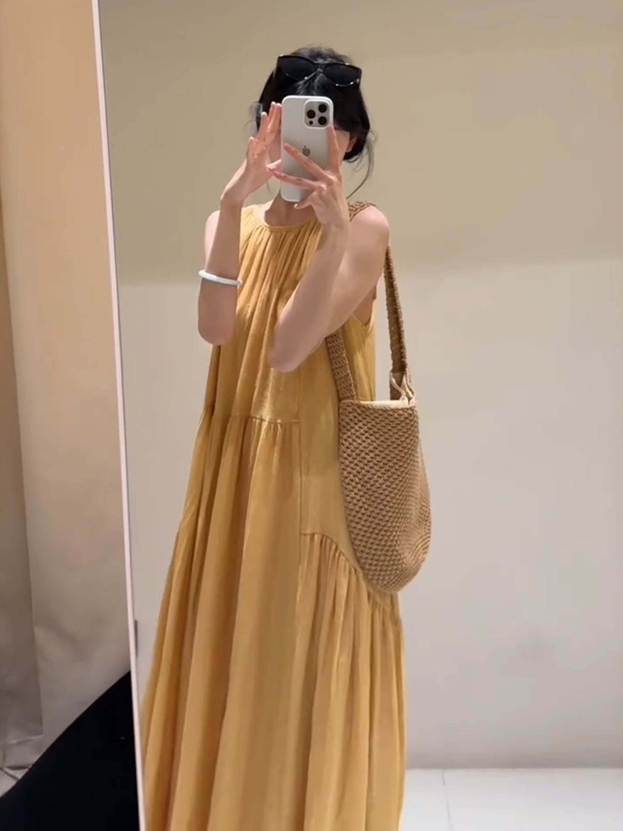 High-End Yellow Spaghetti Strap Dress for Women - French Style Loose Slimming Summer Fashion 2025